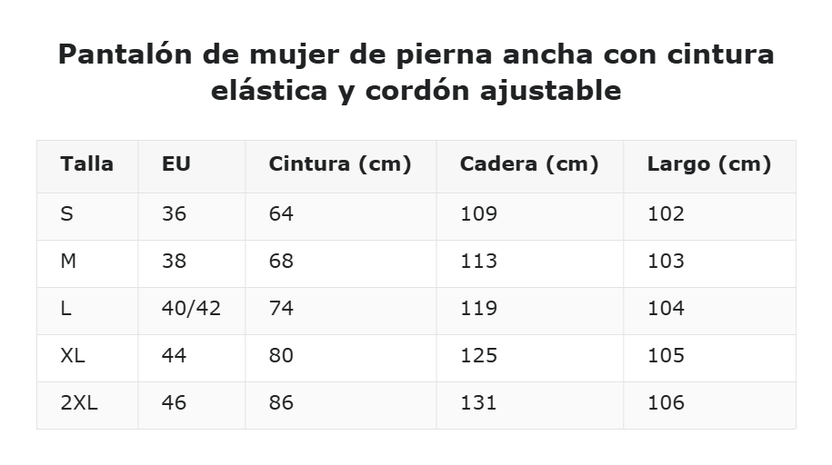 Pantalón de mujer de pierna ancha con cintura elástica y cordón ajustable — guía de tallas