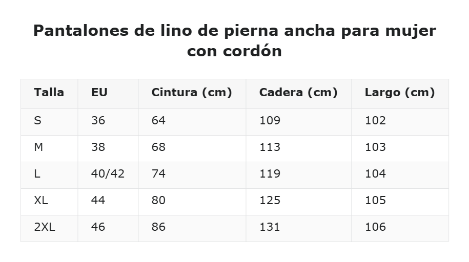 Pantalones de lino de pierna ancha para mujer con cordón — guía de tallas