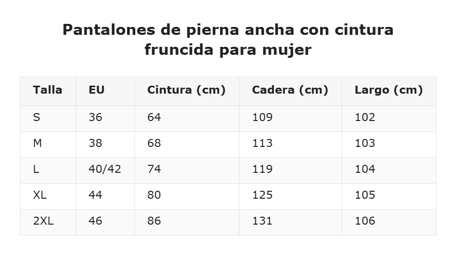 Pantalones de pierna ancha con cintura fruncida para mujer — guía de tallas