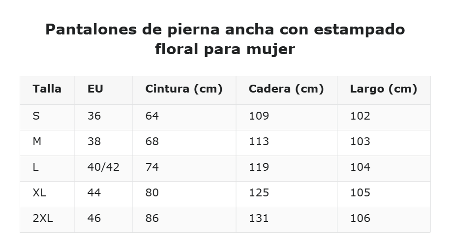 Pantalones de pierna ancha con estampado floral para mujer — guía de tallas
