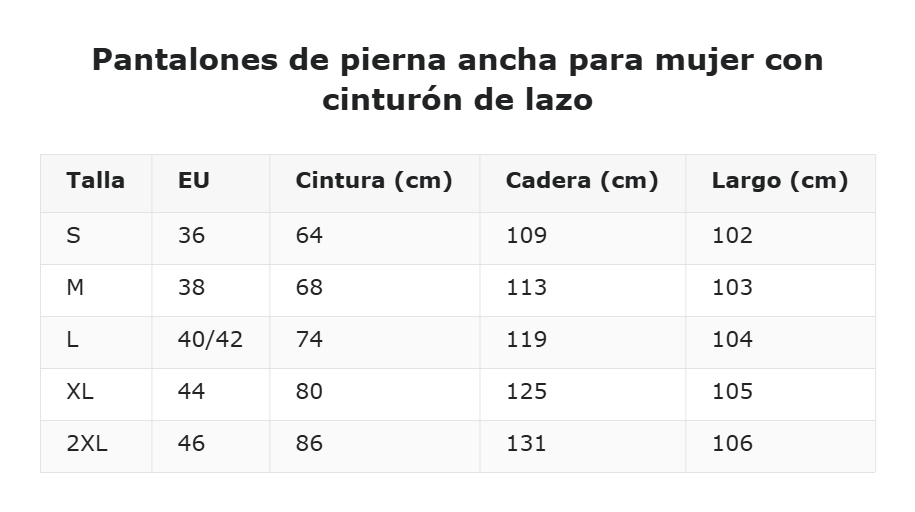 Pantalones de pierna ancha para mujer con cinturón de lazo — guía de tallas