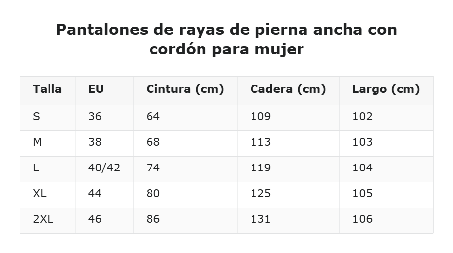 Pantalones de rayas de pierna ancha con cordón para mujer — guía de tallas