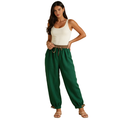 Pantalón de mujer con cintura elástica, cordón ajustable, pernera estrecha y puños fruncidos
