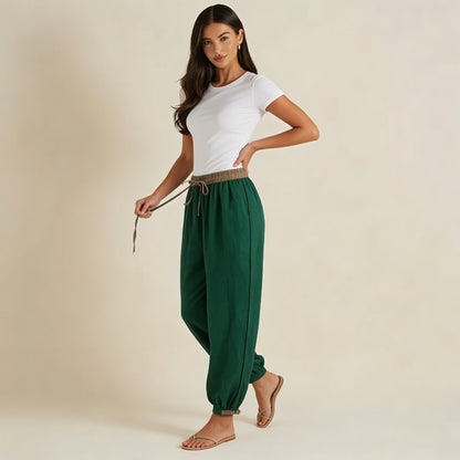 Pantalón de mujer con cintura elástica, cordón ajustable, pernera estrecha y puños fruncidos