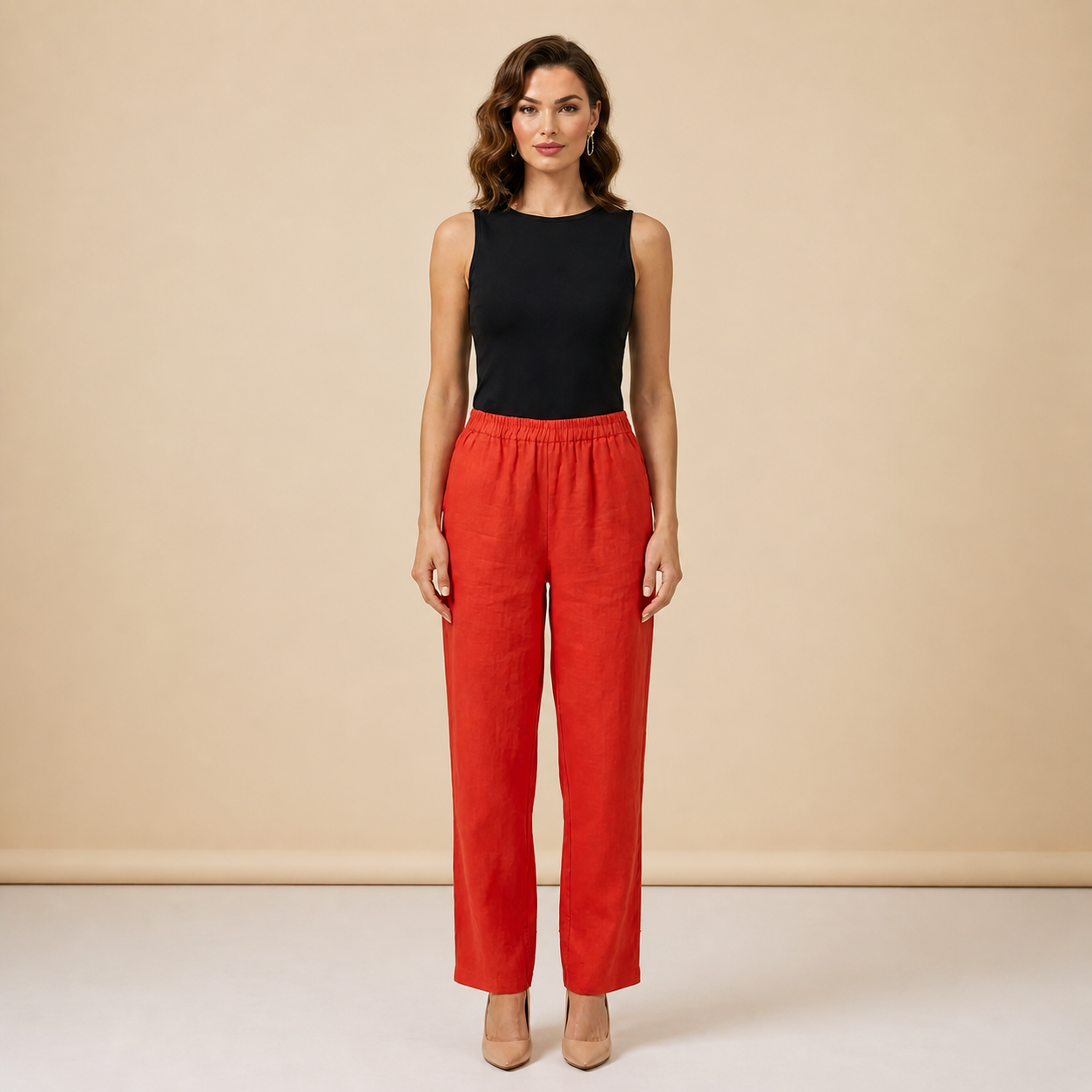 Pantalón de mujer con cintura elástica y pernera recta de longitud completa