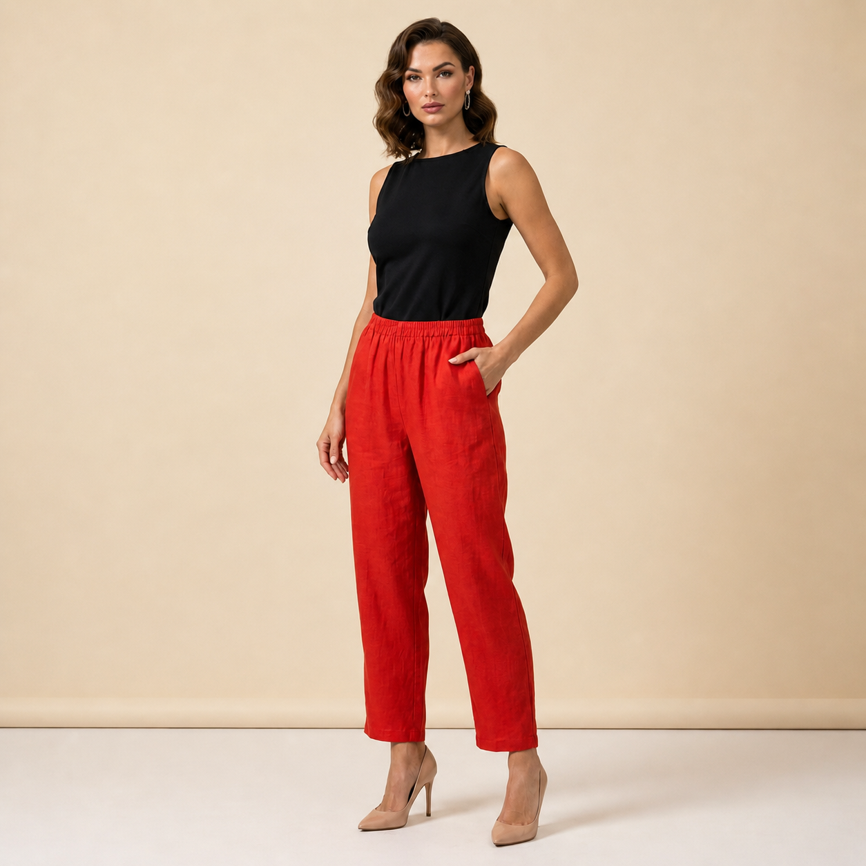 Pantalón de mujer con cintura elástica y pernera recta de longitud completa