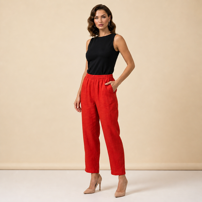 Pantalón de mujer con cintura elástica y pernera recta de longitud completa