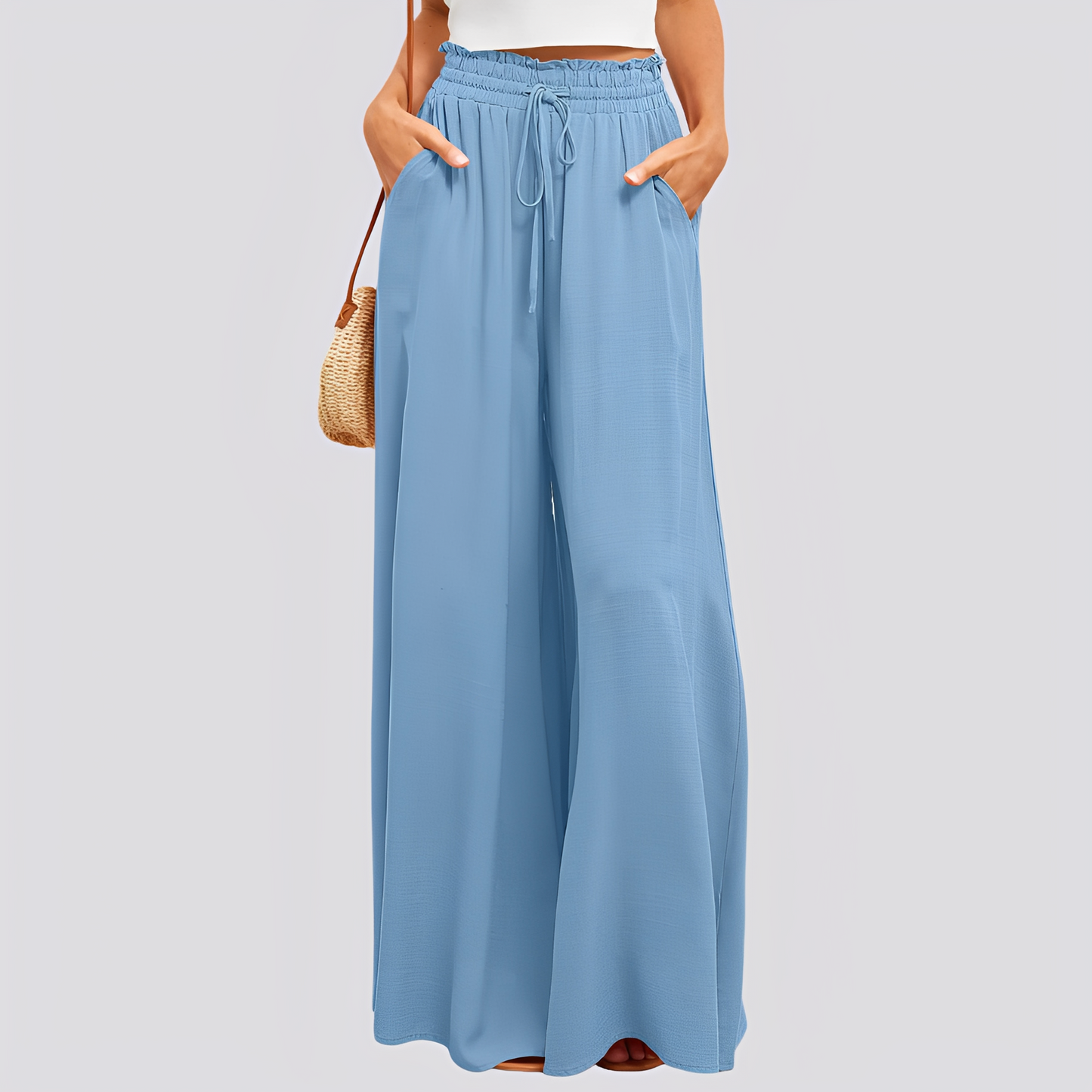 Pantalón de mujer de pierna ancha con cintura elástica y cordón ajustable