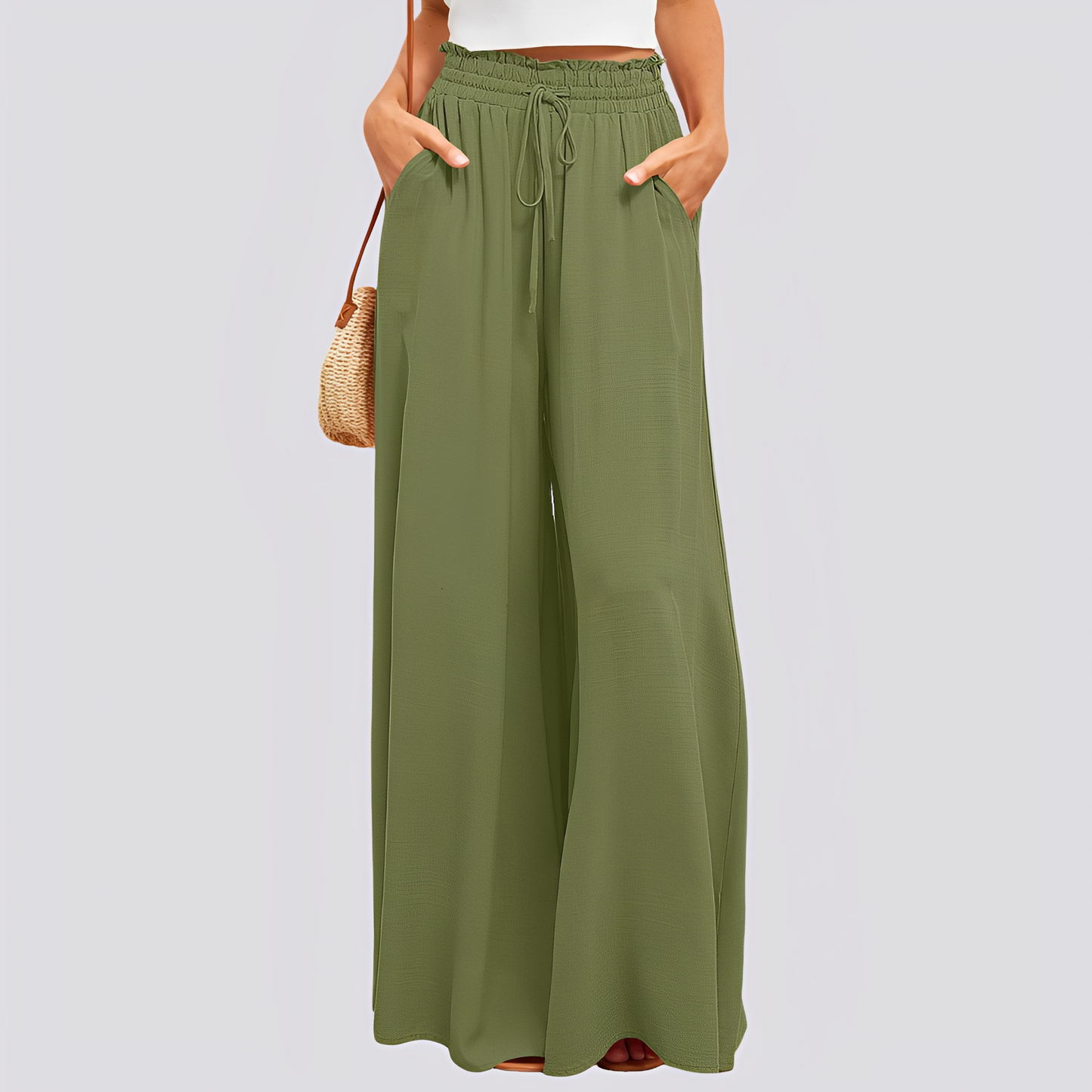 Pantalón de mujer de pierna ancha con cintura elástica y cordón ajustable