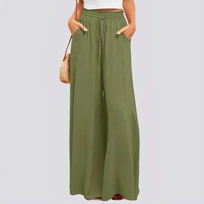 Pantalón de mujer de pierna ancha con cintura elástica y cordón ajustable