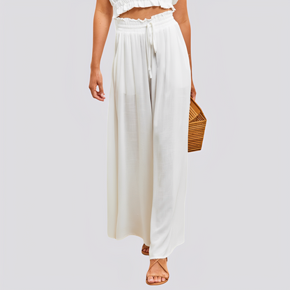 Pantalón de mujer de pierna ancha con cintura elástica y cordón ajustable