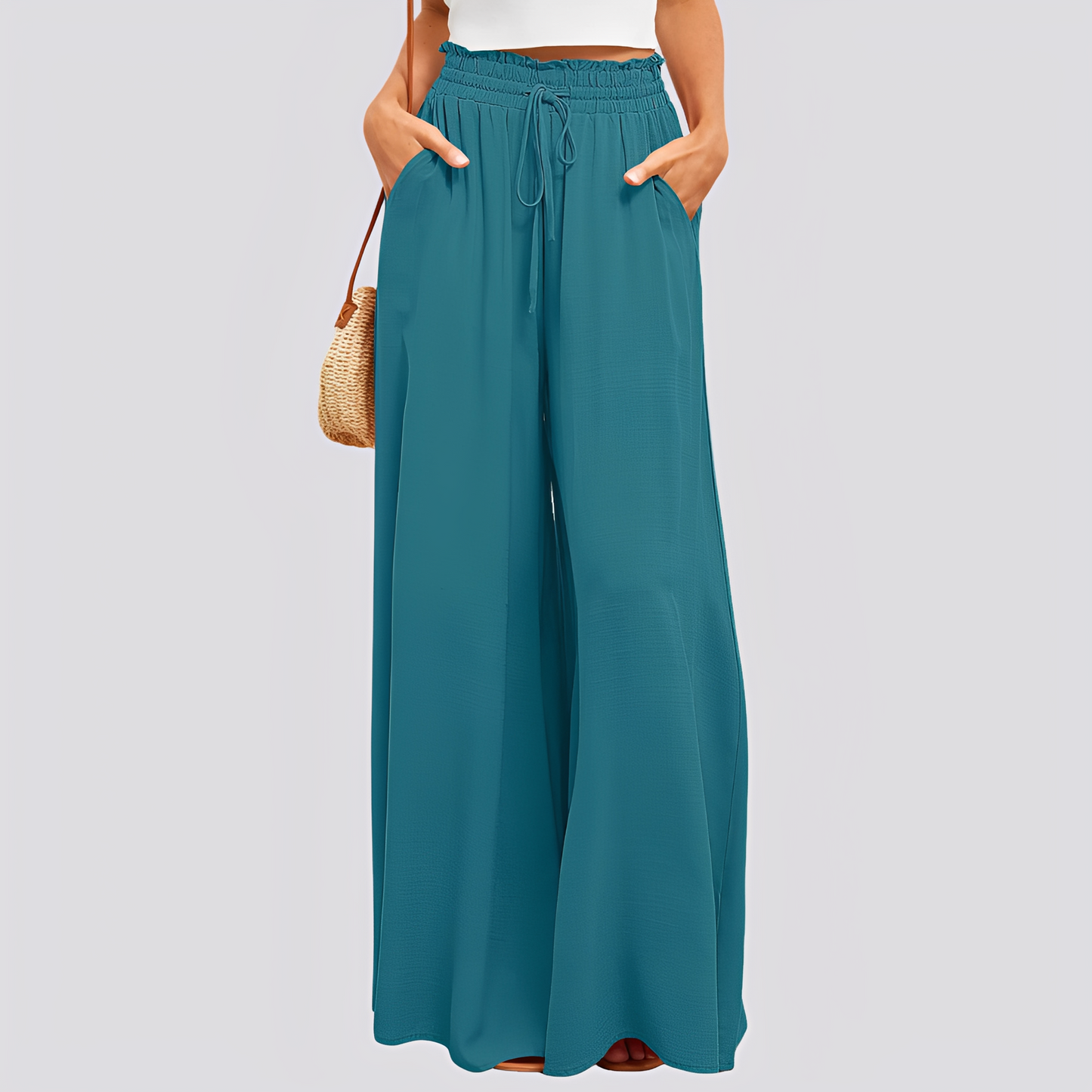 Pantalón de mujer de pierna ancha con cintura elástica y cordón ajustable