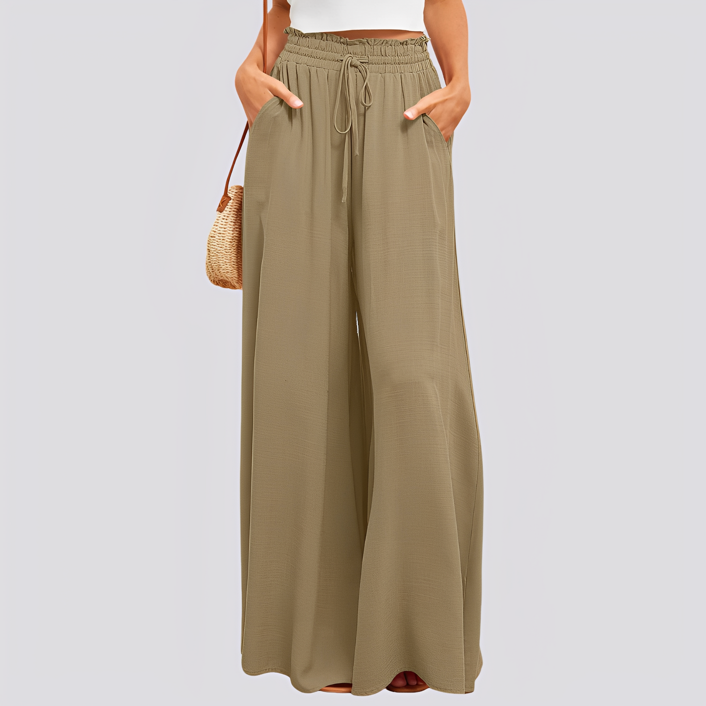 Pantalón de mujer de pierna ancha con cintura elástica y cordón ajustable