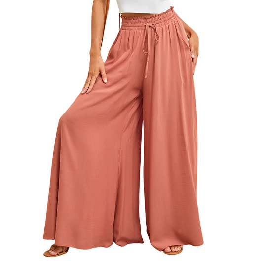 Pantalón de mujer de pierna ancha con cintura elástica y cordón ajustable