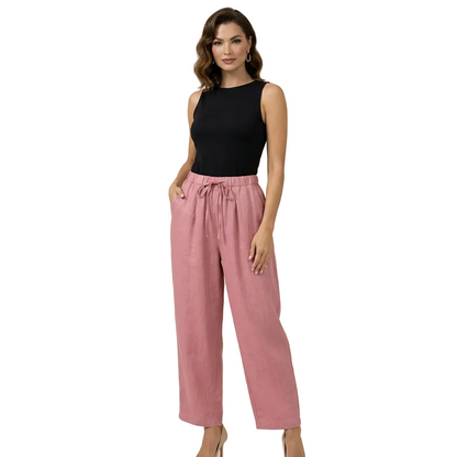 Pantalón de mujer de tiro alto con pernera ancha, cordón ajustable y bolsillos laterales
