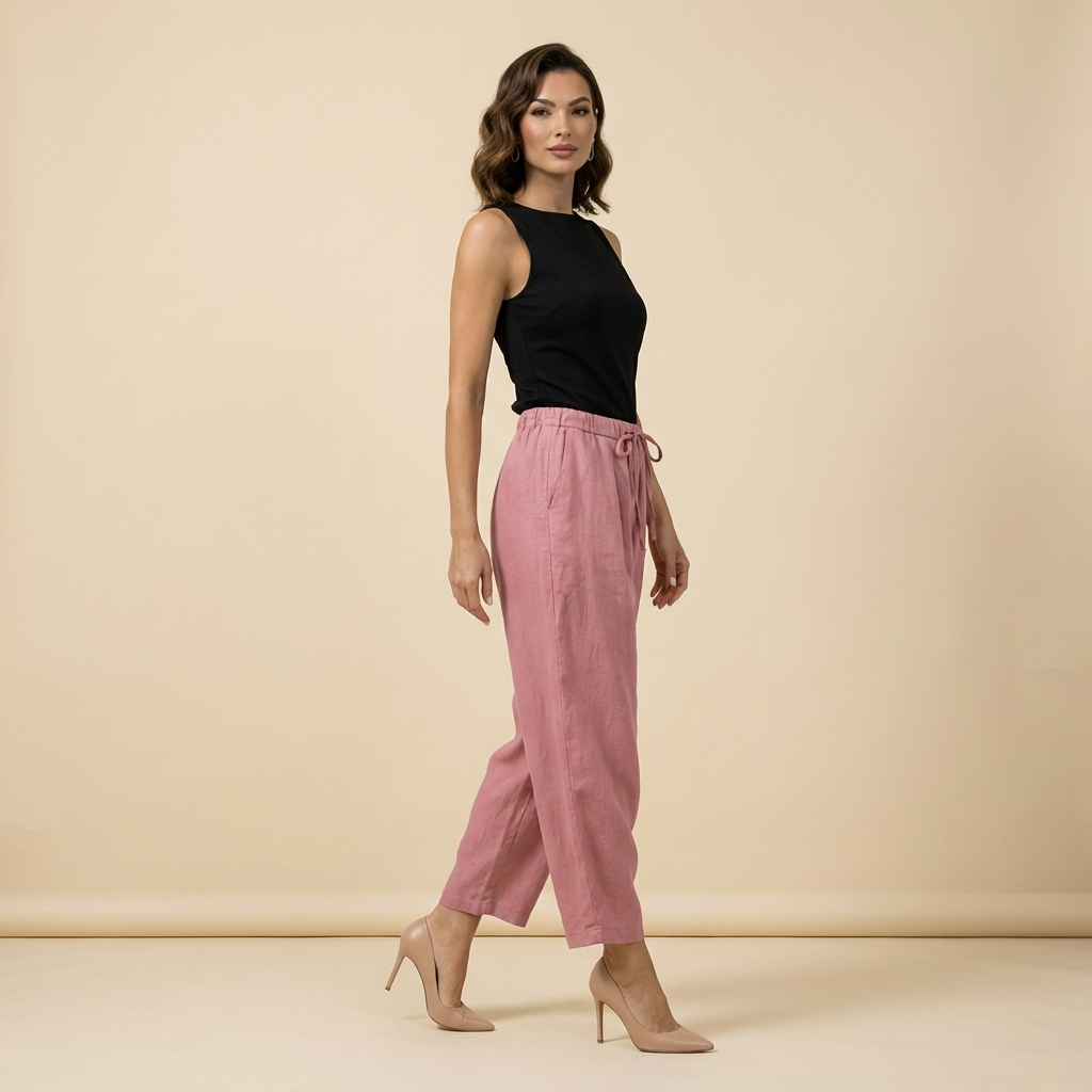 Pantalón de mujer de tiro alto con pernera ancha, cordón ajustable y bolsillos laterales
