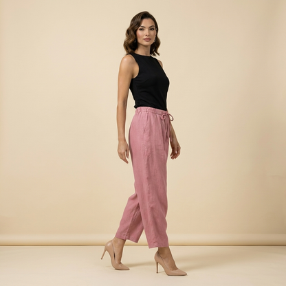 Pantalón de mujer de tiro alto con pernera ancha, cordón ajustable y bolsillos laterales