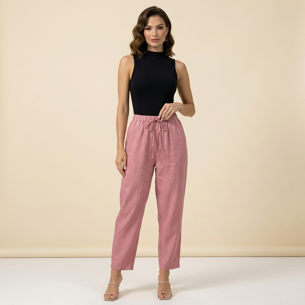 Pantalón de mujer de tiro alto con pernera ancha, cordón ajustable y bolsillos laterales