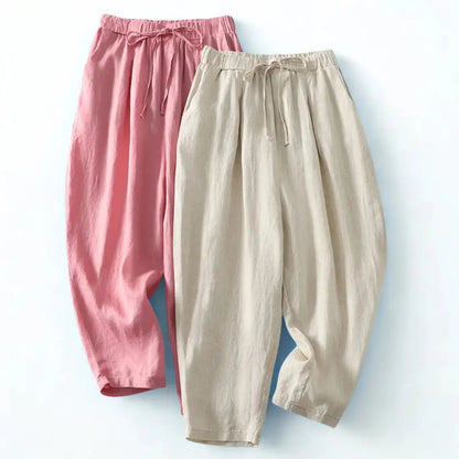 Pantalón de mujer de tiro alto con pernera ancha, cordón ajustable y bolsillos laterales