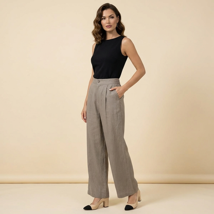 Pantalón de mujer de tiro alto con pernera ancha, pliegues frontales y bolsillos laterales