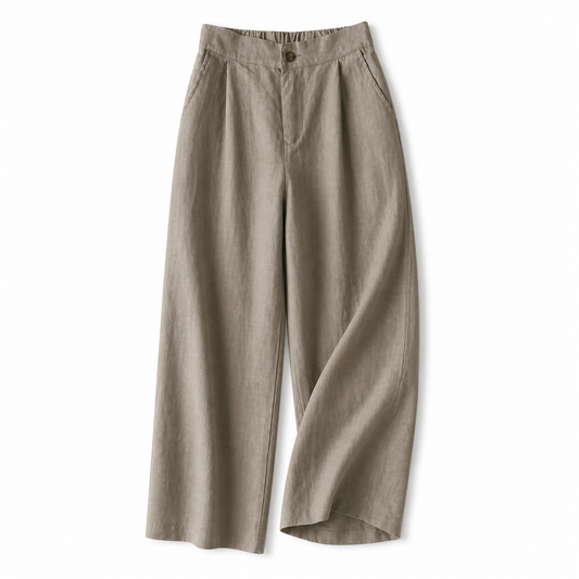 Pantalón de mujer de tiro alto con pernera ancha, pliegues frontales y bolsillos laterales