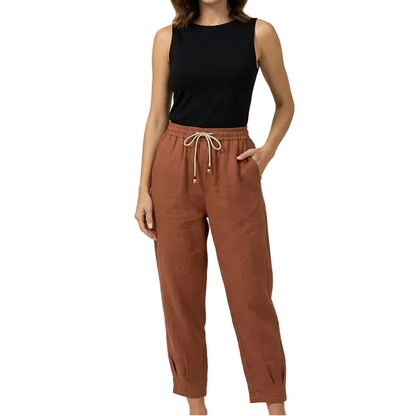 Pantalón de mujer de tiro alto con pernera recta, cordón ajustable y bolsillos laterales