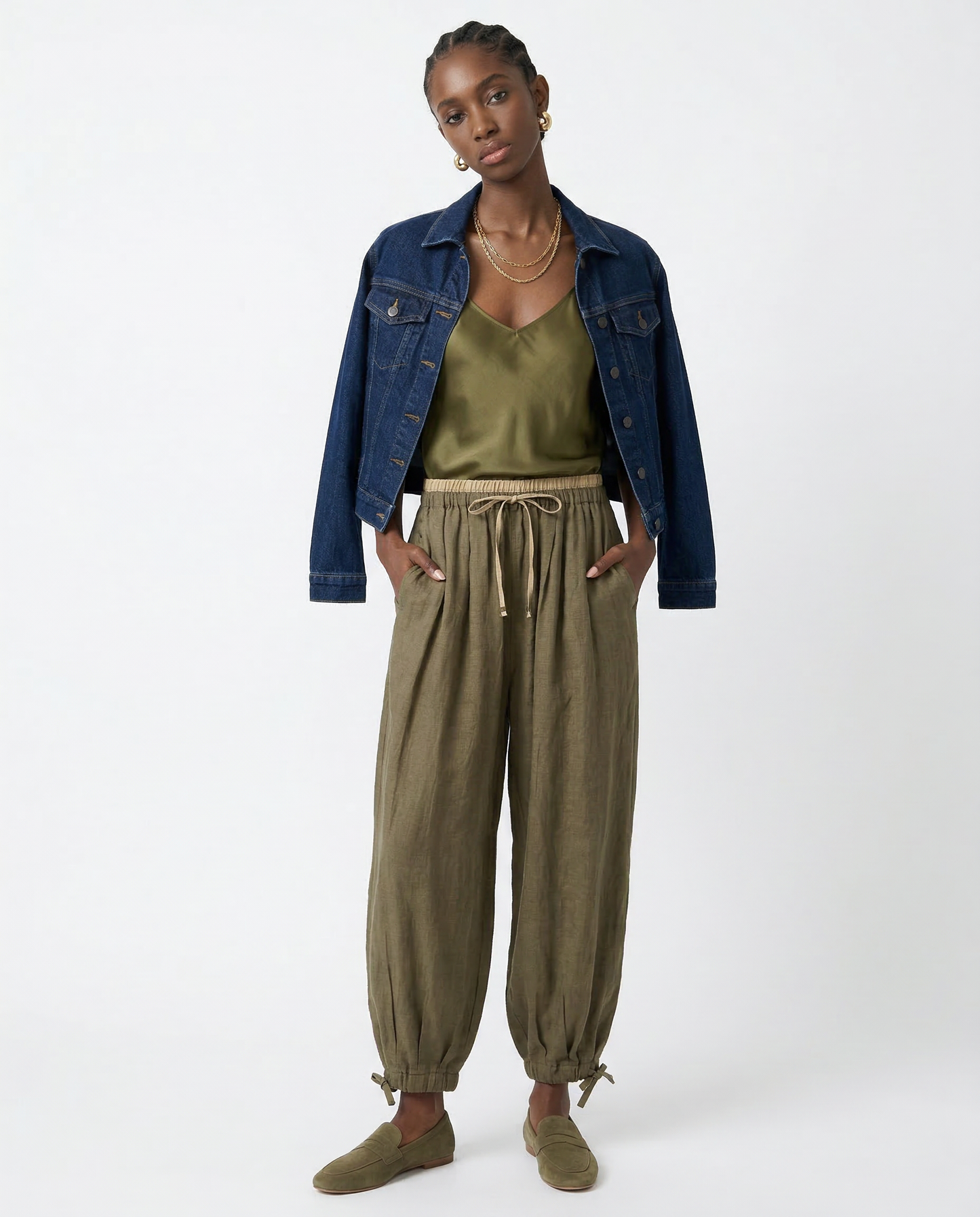 Pantalones de lino de pierna ancha para mujer con cordón