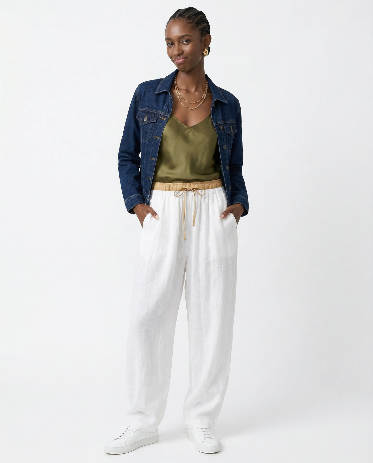 Pantalones de lino de pierna ancha para mujer con cordón