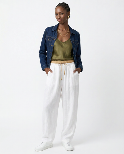 Pantalones de lino de pierna ancha para mujer con cordón