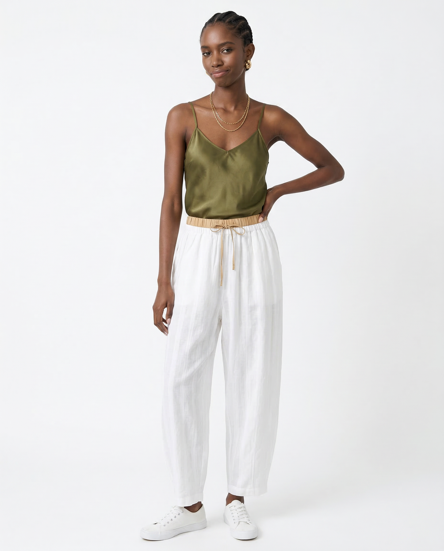 Pantalones de lino de pierna ancha para mujer con cordón