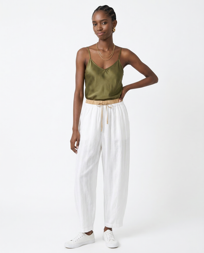 Pantalones de lino de pierna ancha para mujer con cordón