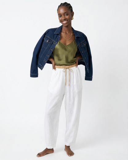 Pantalones de lino de pierna ancha para mujer con cordón