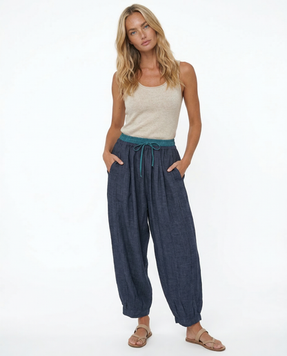 Pantalones de lino de pierna ancha para mujer con cordón