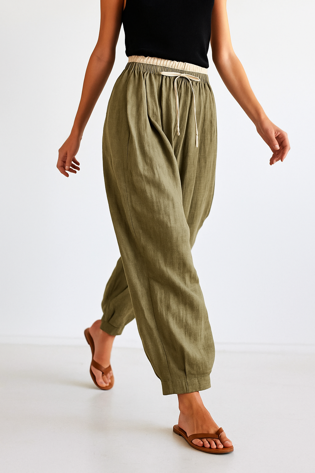 Pantalones de lino de pierna ancha para mujer con cordón