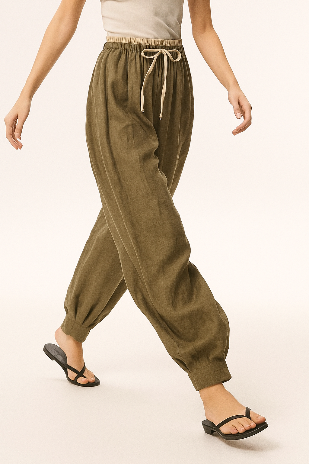 Pantalones de lino de pierna ancha para mujer con cordón