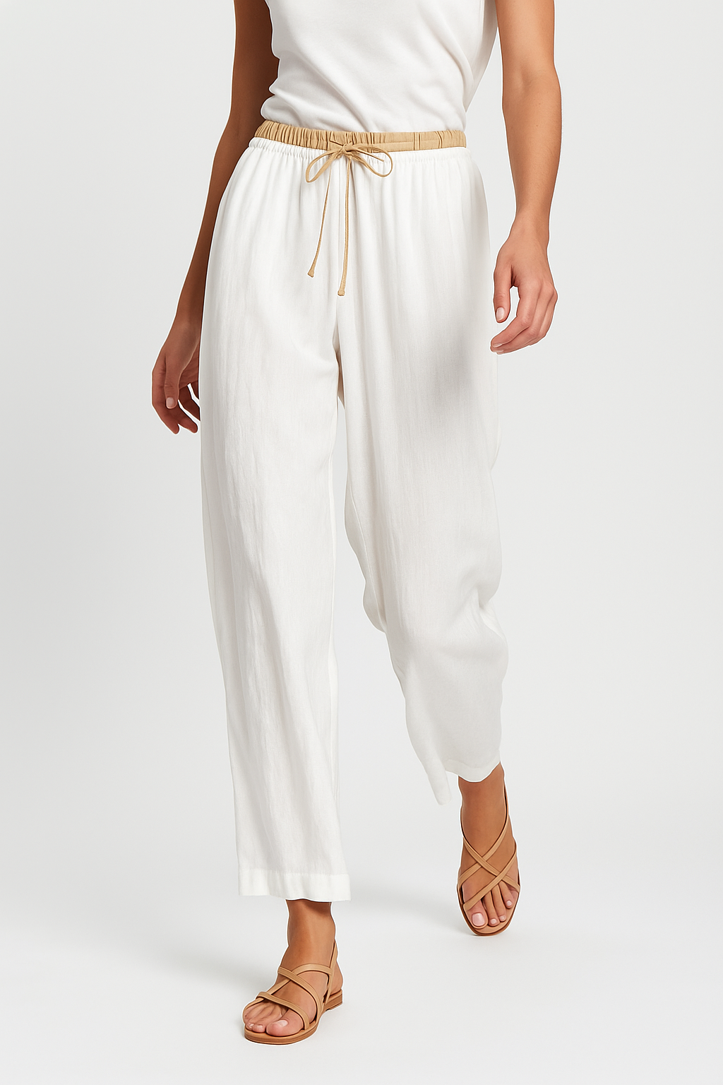 Pantalones de lino de pierna ancha para mujer con cordón