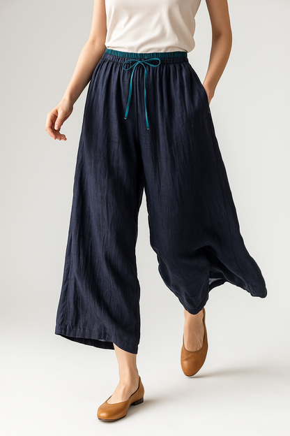 Pantalones de lino de pierna ancha para mujer con cordón