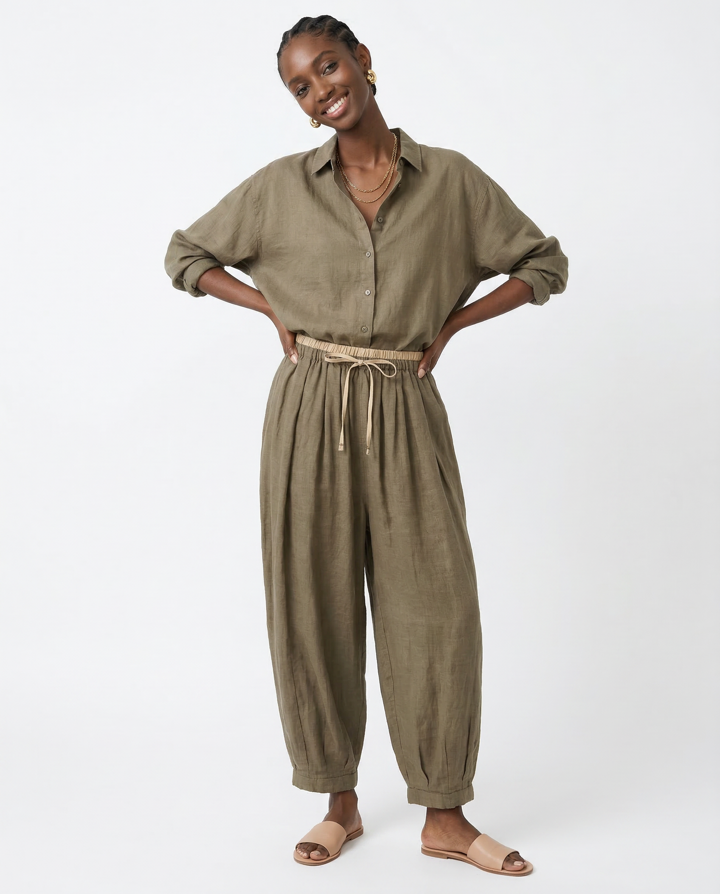 Pantalones de lino de pierna ancha para mujer con cordón