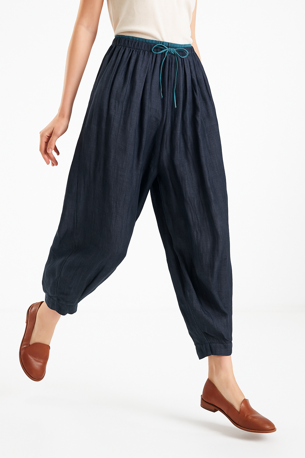 Pantalones de lino de pierna ancha para mujer con cordón
