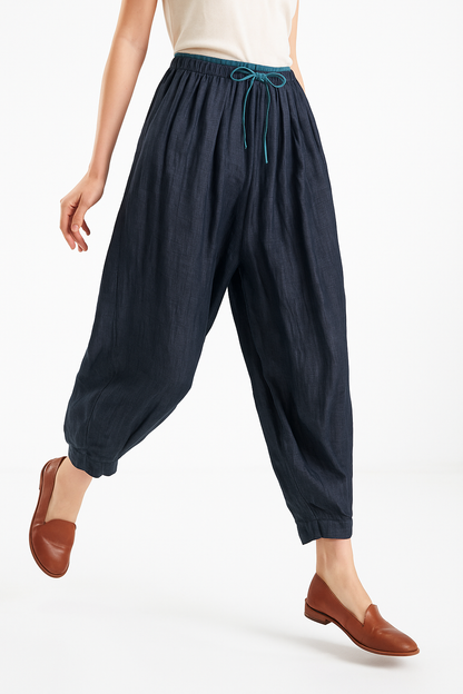 Pantalones de lino de pierna ancha para mujer con cordón