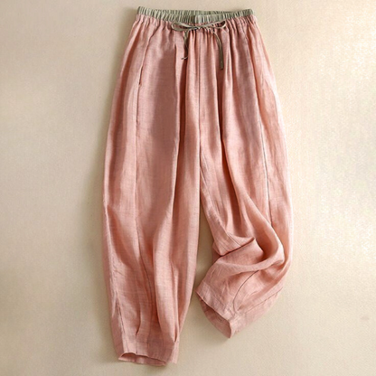 Pantalones de lino de pierna ancha para mujer con cordón