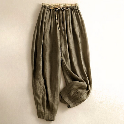 Pantalones de lino de pierna ancha para mujer con cordón