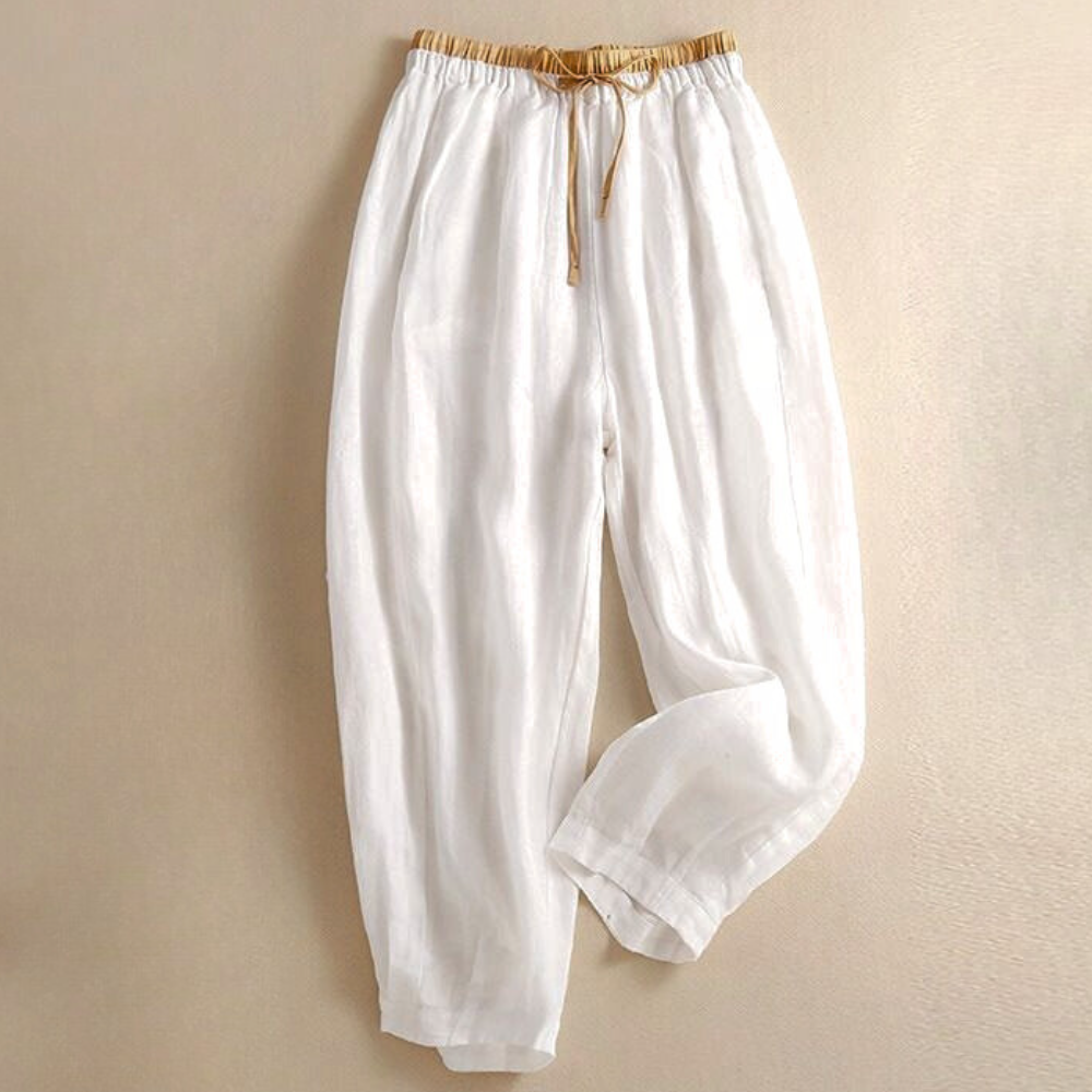 Pantalones de lino de pierna ancha para mujer con cordón