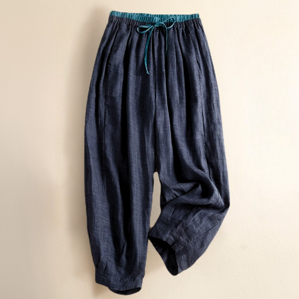 Pantalones de lino de pierna ancha para mujer con cordón