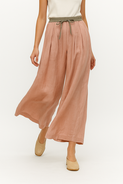 Pantalones de lino de pierna ancha para mujer con cordón