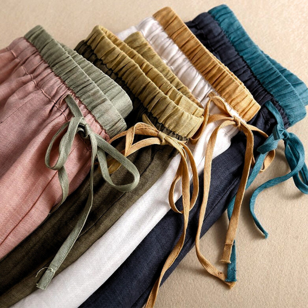 Pantalones de lino de pierna ancha para mujer con cordón