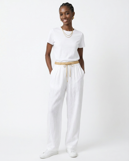Pantalones de lino de pierna ancha para mujer con cordón