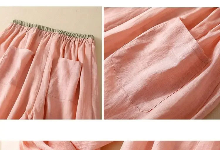 Pantalones de lino de pierna ancha para mujer con cordón