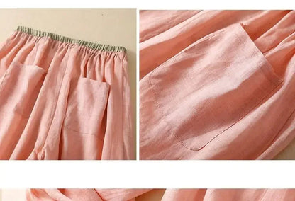 Pantalones de lino de pierna ancha para mujer con cordón