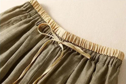Pantalones de lino de pierna ancha para mujer con cordón